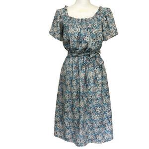 Lumiere blue floral midi dress, smocking, medium, cottagecore, classic, timeless